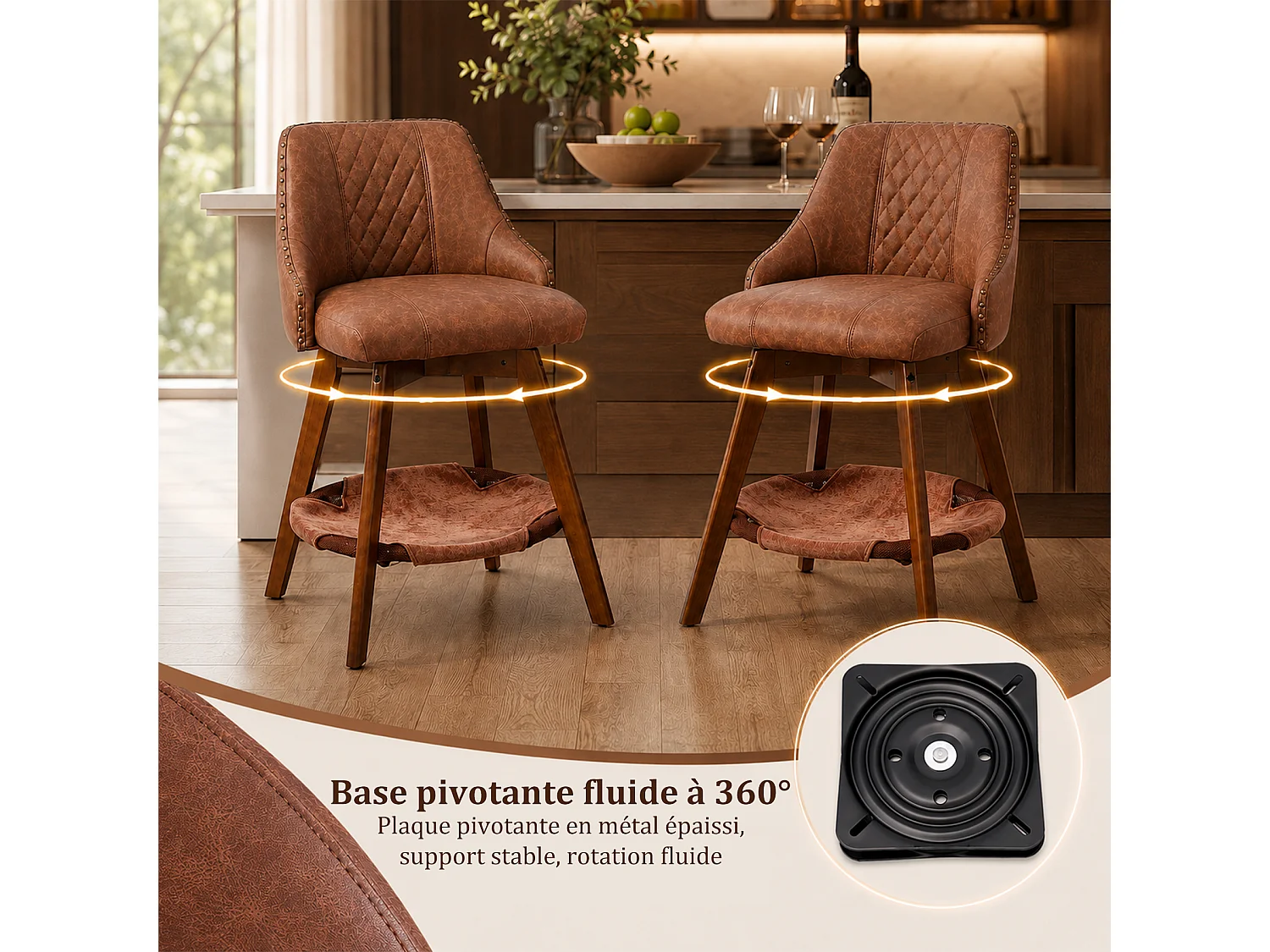 HOMEMIYN Lot de 2 tabourets de bar vintage avec panier pour chat, chaise de bar pivotante à 360°, assise rembourrée en simili cuir PU, structure en bois, pour cuisi