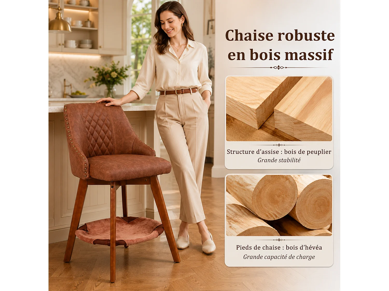 HOMEMIYN Lot de 2 tabourets de bar vintage avec panier pour chat, chaise de bar pivotante à 360°, assise rembourrée en simili cuir PU, structure en bois, pour cuisi