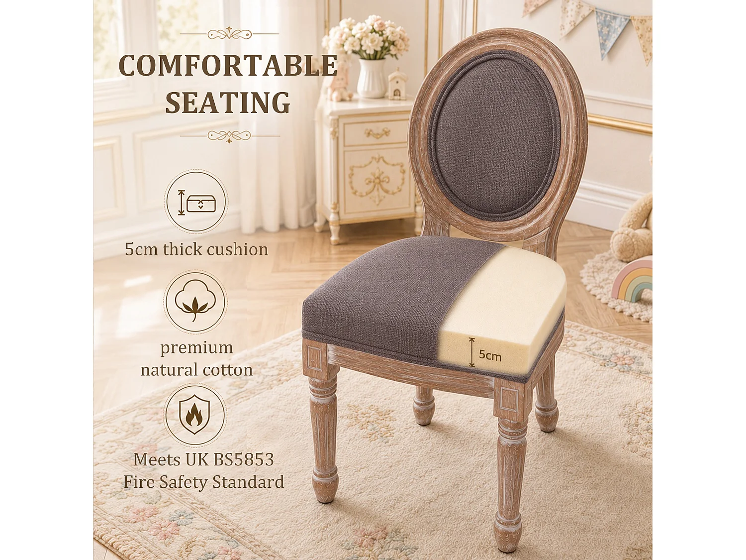 HOMEMIYN Lot de 2 chaises enfant style Louis avec assise rembourrée, dossier médaillon en tissu effet lin, structure en bois massif, fauteuil enfant vintage pour ch