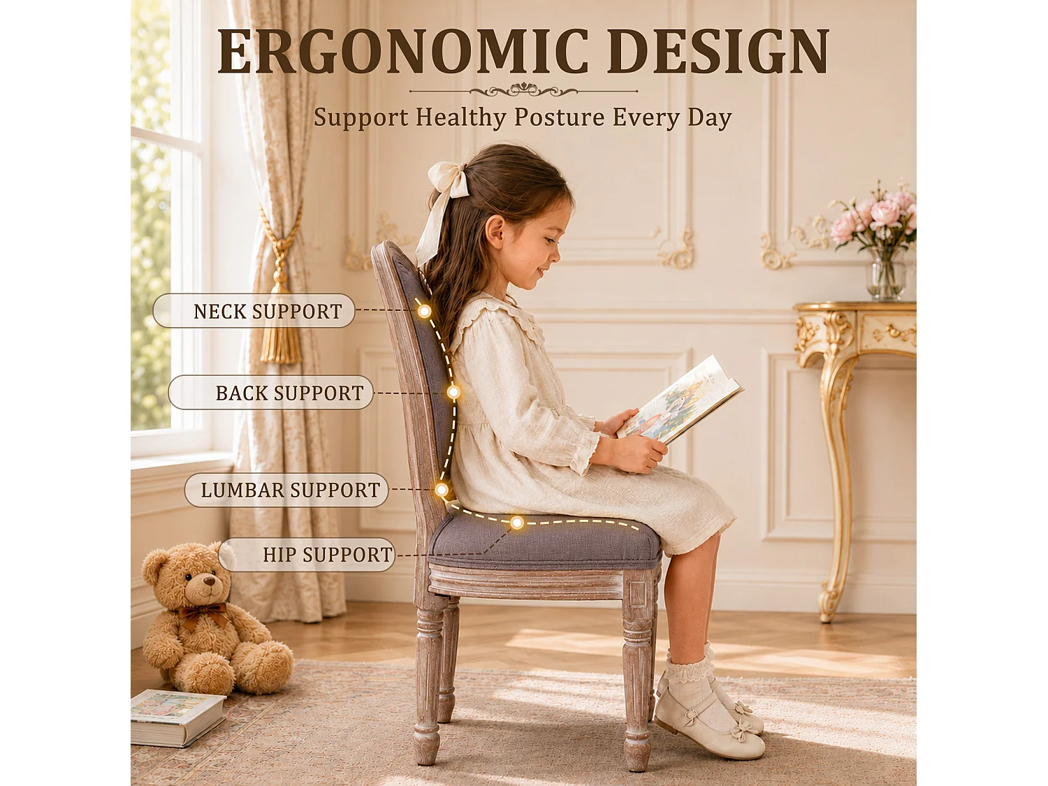 HOMEMIYN Lot de 2 chaises enfant style Louis avec assise rembourrée, dossier médaillon en tissu effet lin, structure en bois massif, fauteuil enfant vintage pour ch