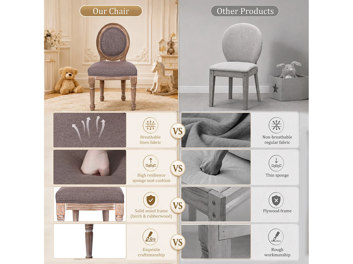 HOMEMIYN Lot de 2 chaises enfant style Louis avec assise rembourrée, dossier médaillon en tissu effet lin, structure en bois massif, fauteuil enfant vintage pour ch