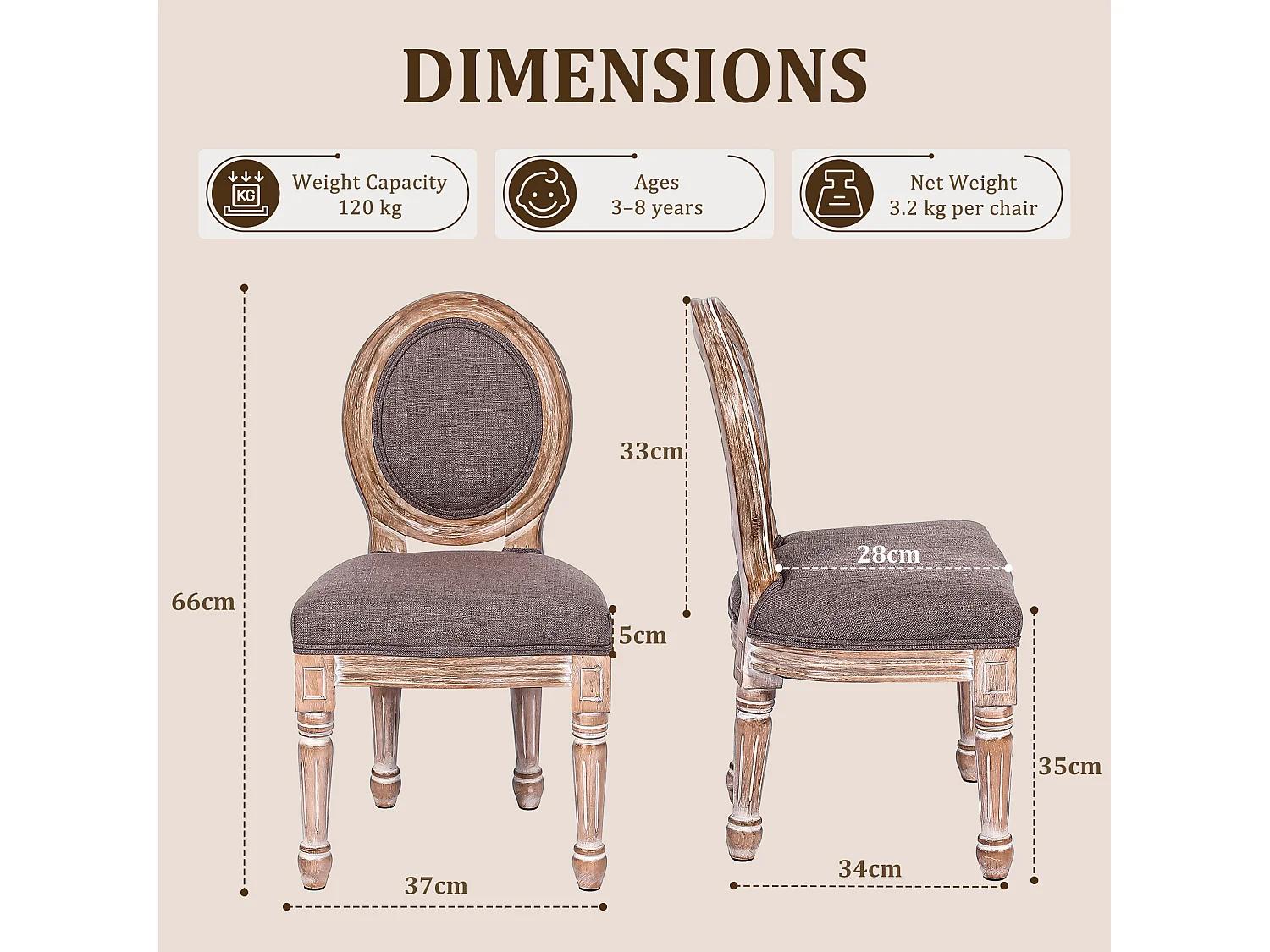 HOMEMIYN Lot de 2 chaises enfant style Louis avec assise rembourrée, dossier médaillon en tissu effet lin, structure en bois massif, fauteuil enfant vintage pour ch