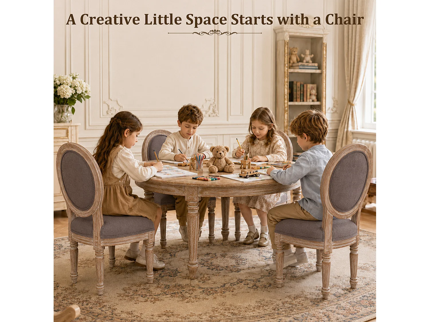 HOMEMIYN Lot de 2 chaises enfant style Louis avec assise rembourrée, dossier médaillon en tissu effet lin, structure en bois massif, fauteuil enfant vintage pour ch