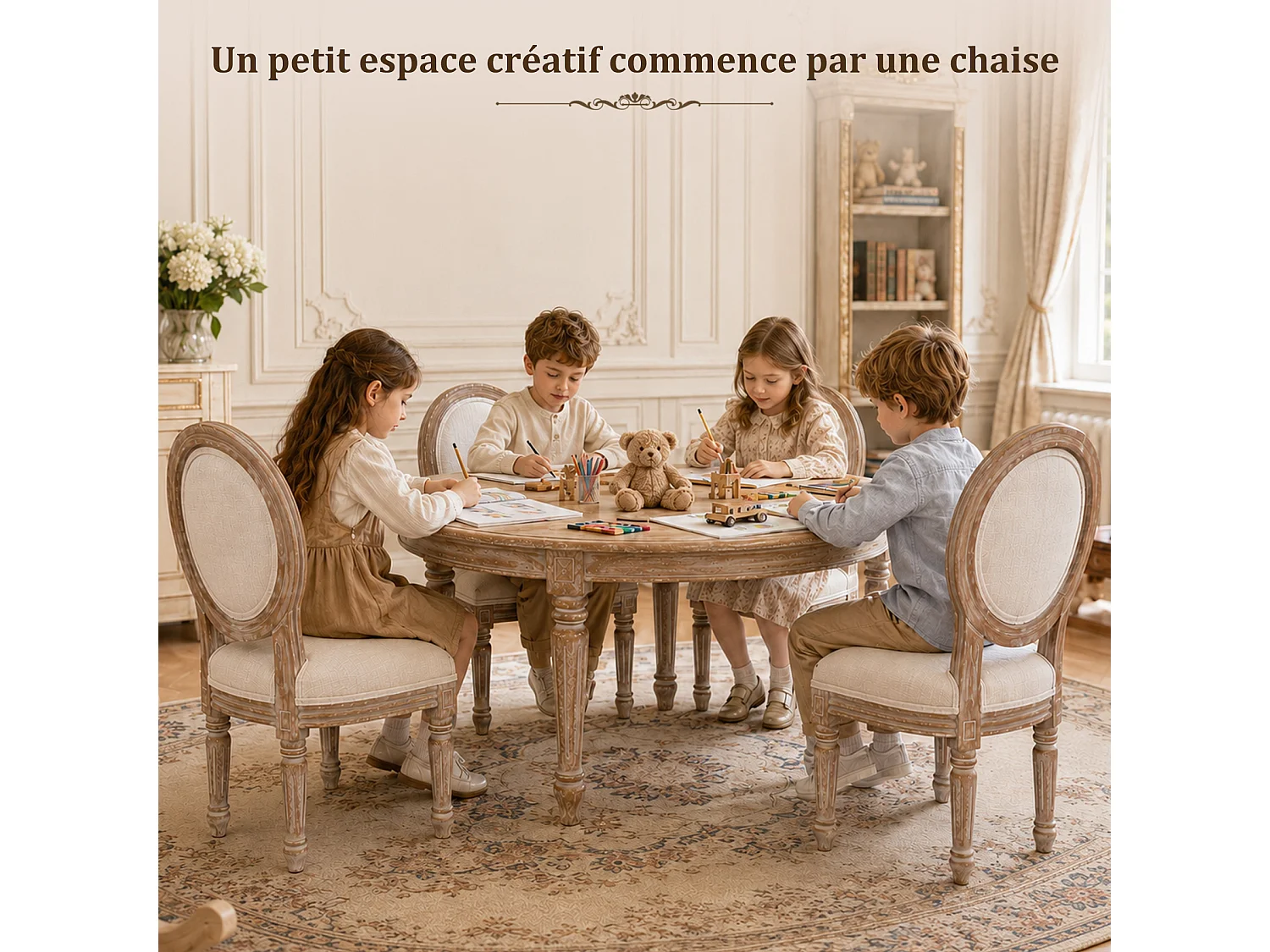 HOMEMIYN Lot de 2 chaises enfant style Louis avec assise rembourrée, dossier médaillon en tissu effet lin, structure en bois massif, fauteuil enfant vintage pour ch