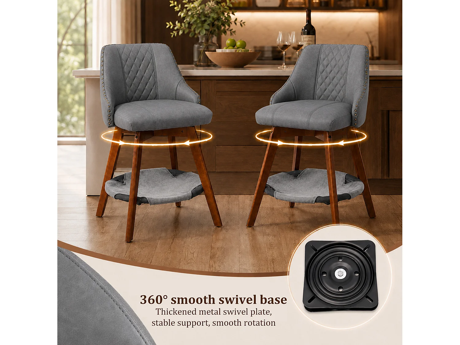 HOMEMIYN Lot de 2 tabourets de bar vintage avec panier pour chat, chaise de bar pivotante à 360°, assise rembourrée en simili cuir PU, structure en bois, pour cuisi
