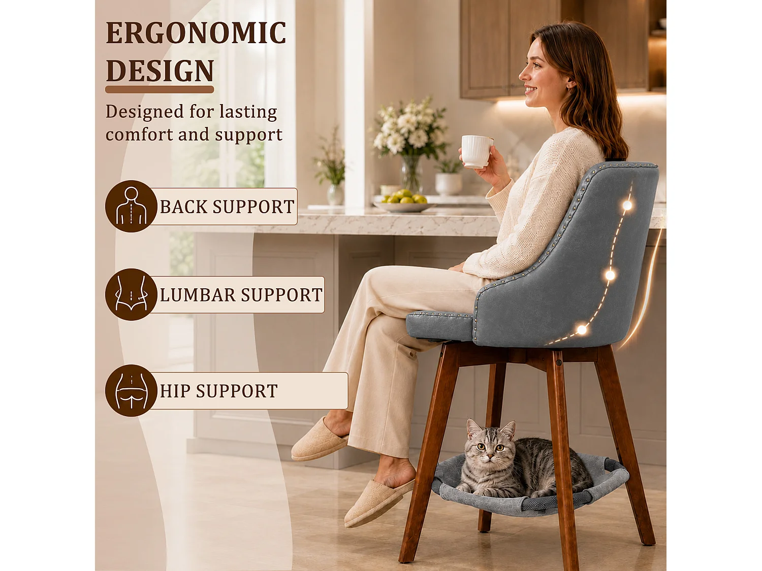 HOMEMIYN Lot de 2 tabourets de bar vintage avec panier pour chat, chaise de bar pivotante à 360°, assise rembourrée en simili cuir PU, structure en bois, pour cuisi