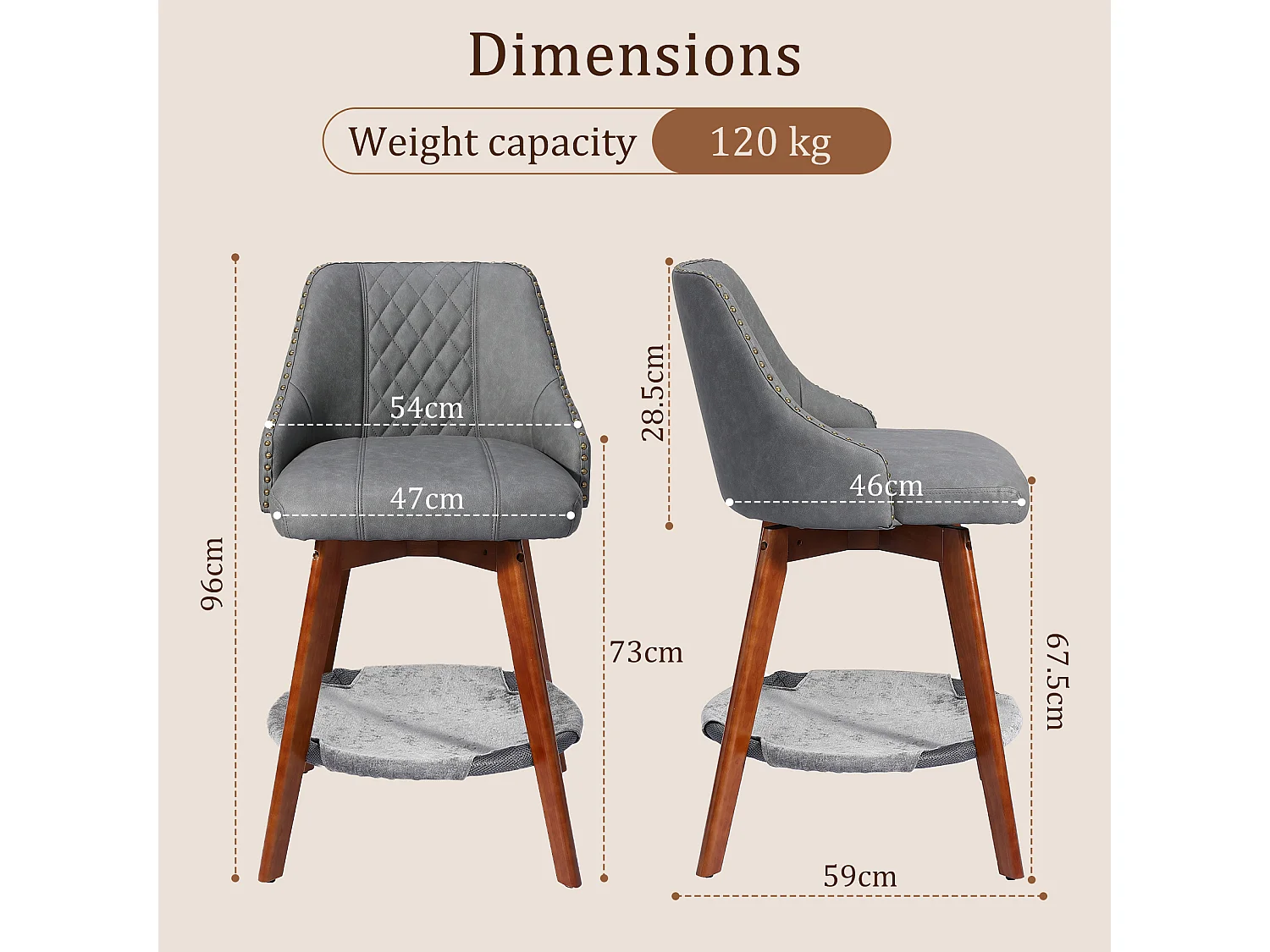 HOMEMIYN Lot de 2 tabourets de bar vintage avec panier pour chat, chaise de bar pivotante à 360°, assise rembourrée en simili cuir PU, structure en bois, pour cuisi