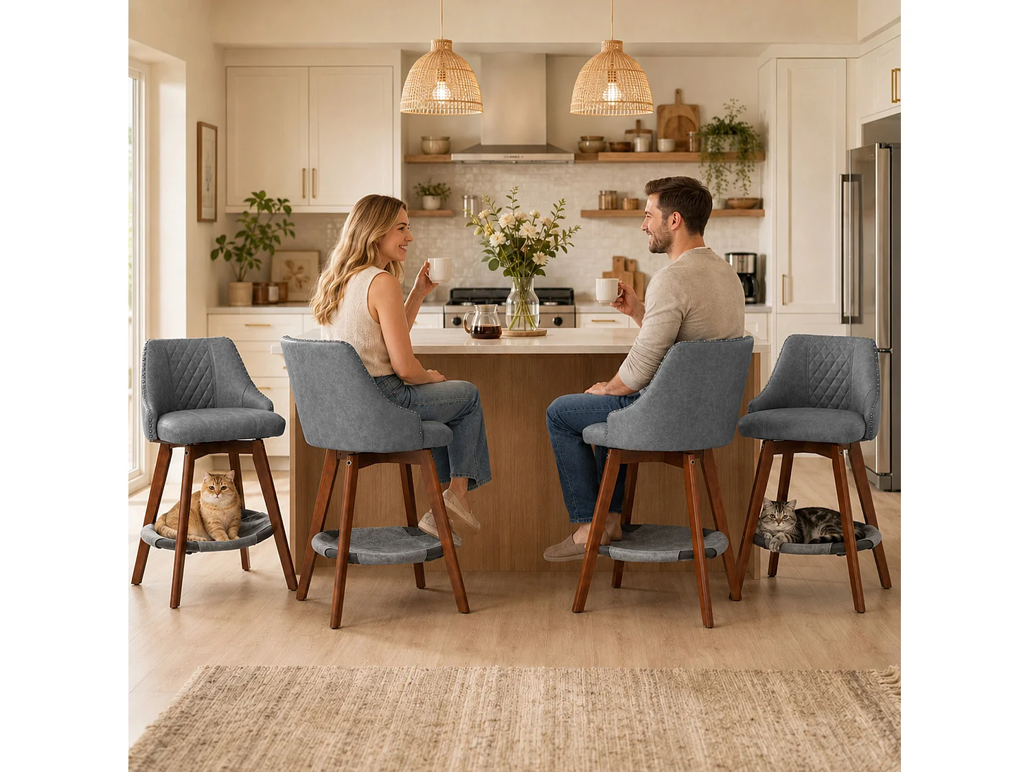 HOMEMIYN Lot de 2 tabourets de bar vintage avec panier pour chat, chaise de bar pivotante à 360°, assise rembourrée en simili cuir PU, structure en bois, pour cuisi