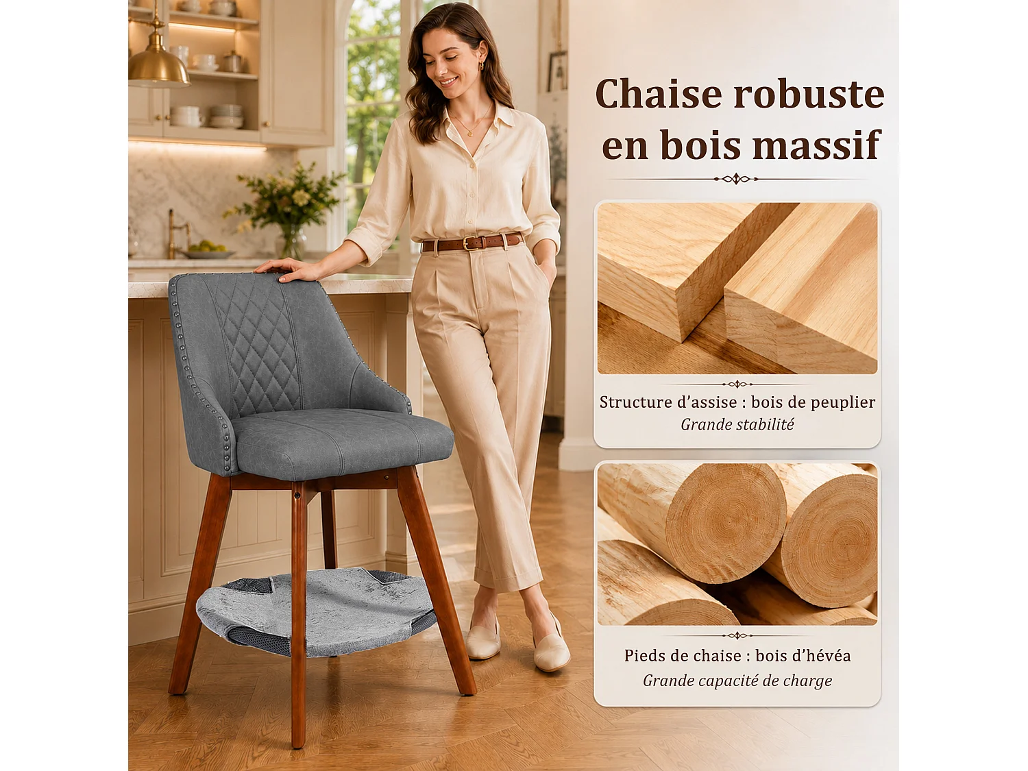 HOMEMIYN Lot de 2 tabourets de bar vintage avec panier pour chat, chaise de bar pivotante à 360°, assise rembourrée en simili cuir PU, structure en bois, pour cuisi