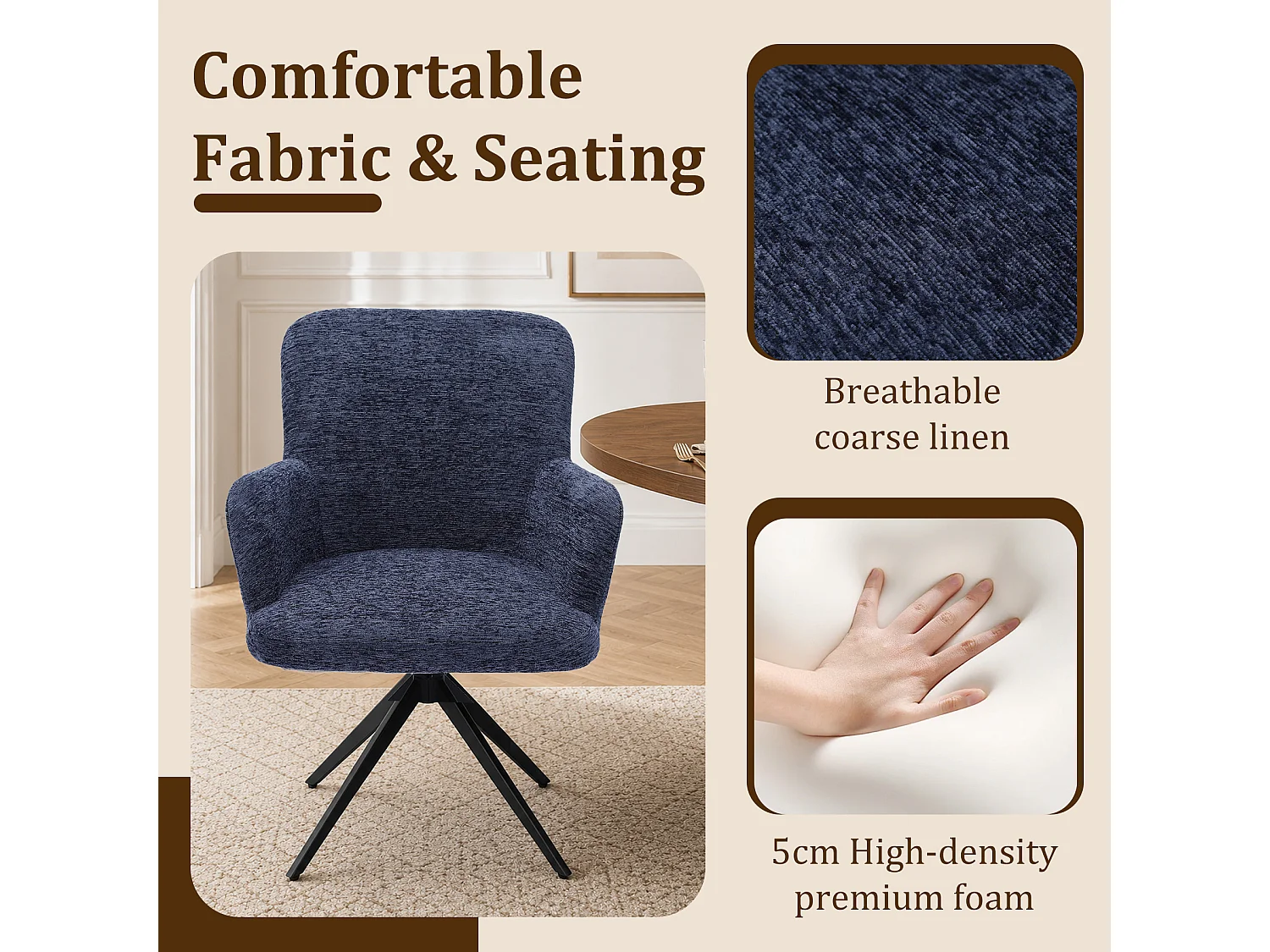 HOMEMIYN Chaise de salle à manger avec accoudoirs, Fauteuil de table pivotant 360°,  assise rembourrée en tissu, structure métal et bois, design moderne