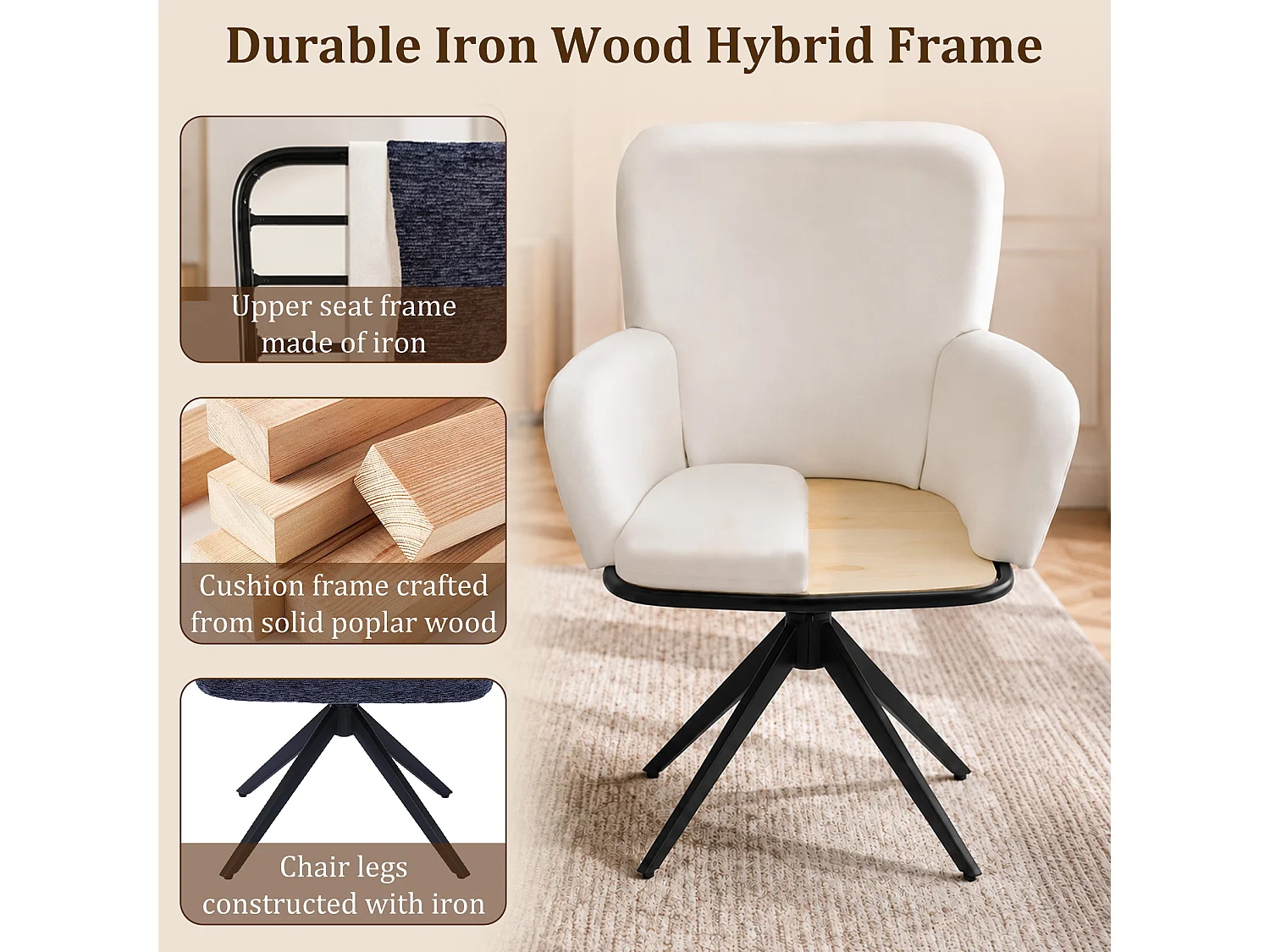 HOMEMIYN Chaise de salle à manger avec accoudoirs, Fauteuil de table pivotant 360°,  assise rembourrée en tissu, structure métal et bois, design moderne