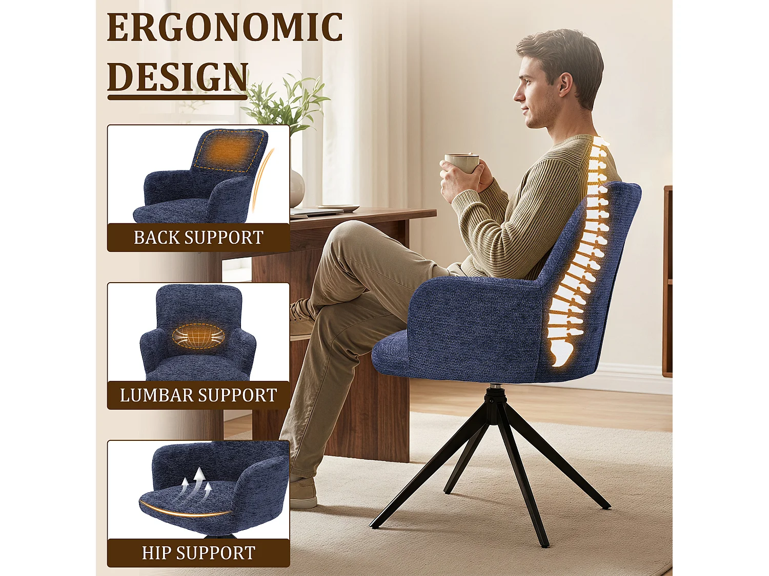 HOMEMIYN Chaise de salle à manger avec accoudoirs, Fauteuil de table pivotant 360°,  assise rembourrée en tissu, structure métal et bois, design moderne