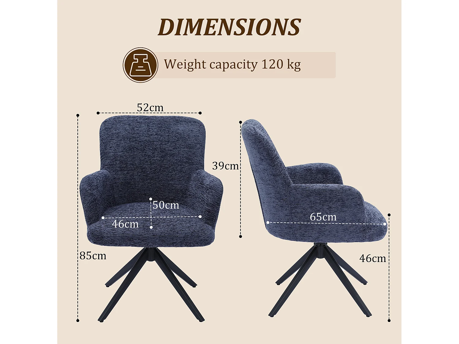 HOMEMIYN Chaise de salle à manger avec accoudoirs, Fauteuil de table pivotant 360°,  assise rembourrée en tissu, structure métal et bois, design moderne