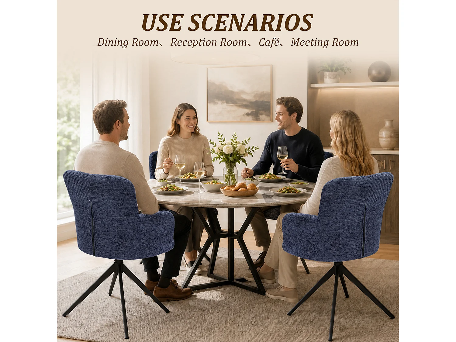 HOMEMIYN Chaise de salle à manger avec accoudoirs, Fauteuil de table pivotant 360°,  assise rembourrée en tissu, structure métal et bois, design moderne