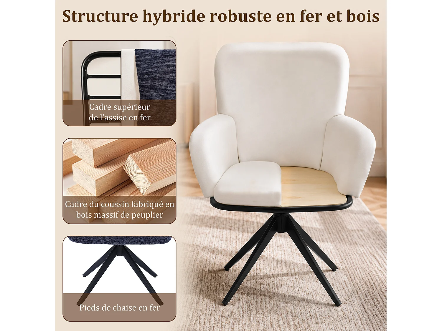 HOMEMIYN Chaise de salle à manger avec accoudoirs, Fauteuil de table pivotant 360°,  assise rembourrée en tissu, structure métal et bois, design moderne