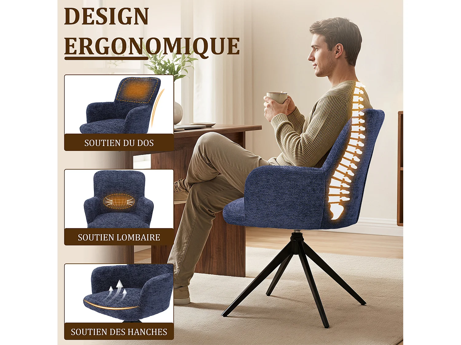 HOMEMIYN Chaise de salle à manger avec accoudoirs, Fauteuil de table pivotant 360°,  assise rembourrée en tissu, structure métal et bois, design moderne