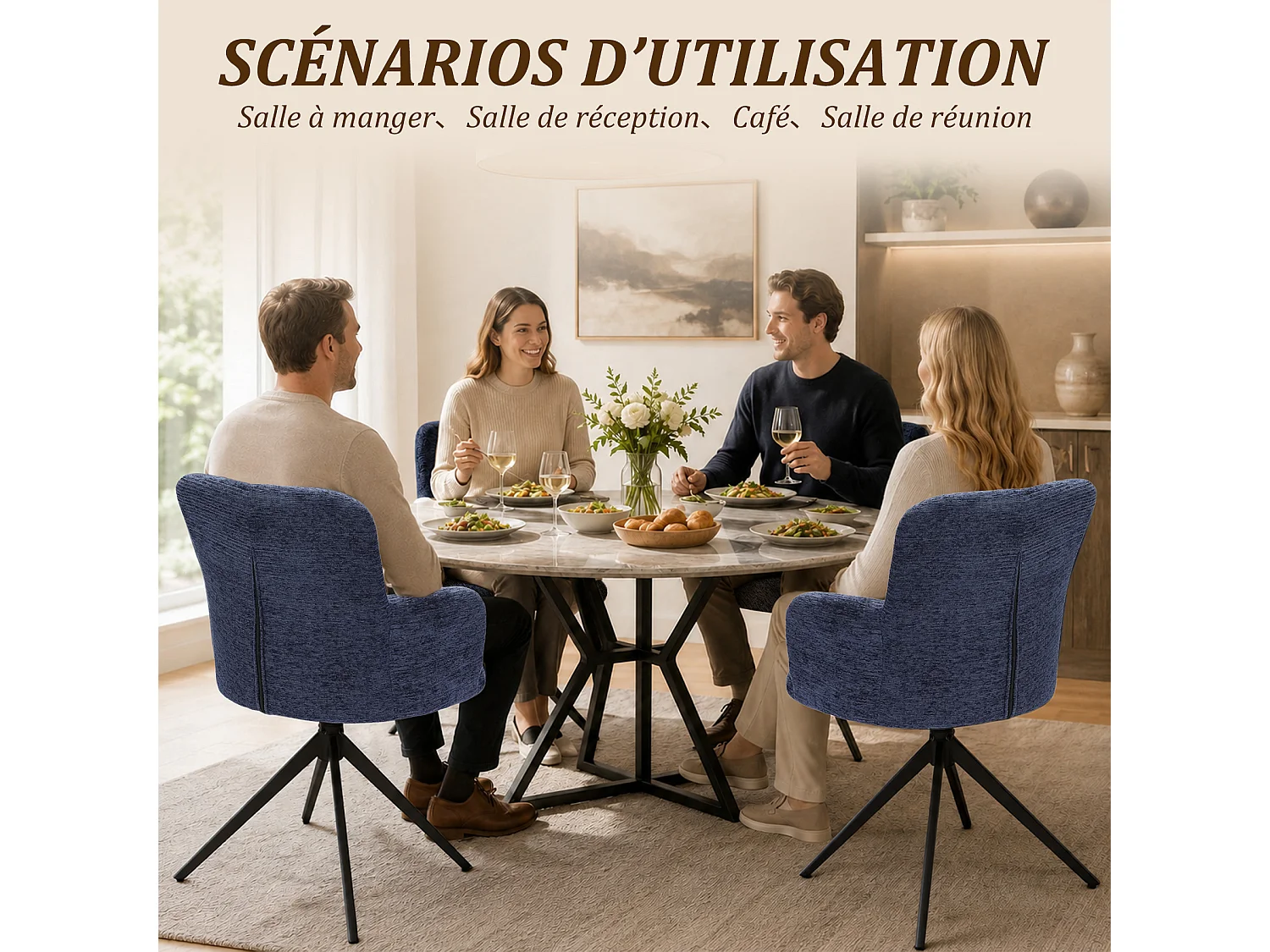 HOMEMIYN Chaise de salle à manger avec accoudoirs, Fauteuil de table pivotant 360°,  assise rembourrée en tissu, structure métal et bois, design moderne