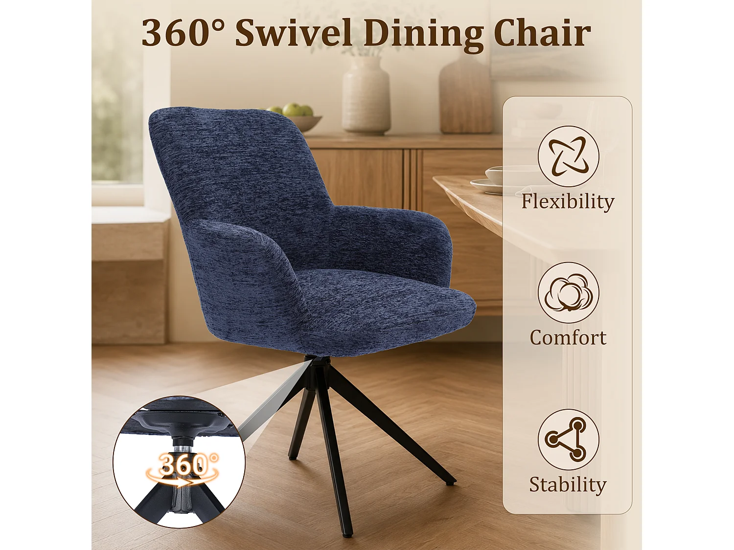 HOMEMIYN Chaise de salle à manger avec accoudoirs, Fauteuil de table pivotant 360°,  assise rembourrée en tissu, structure métal et bois, design moderne