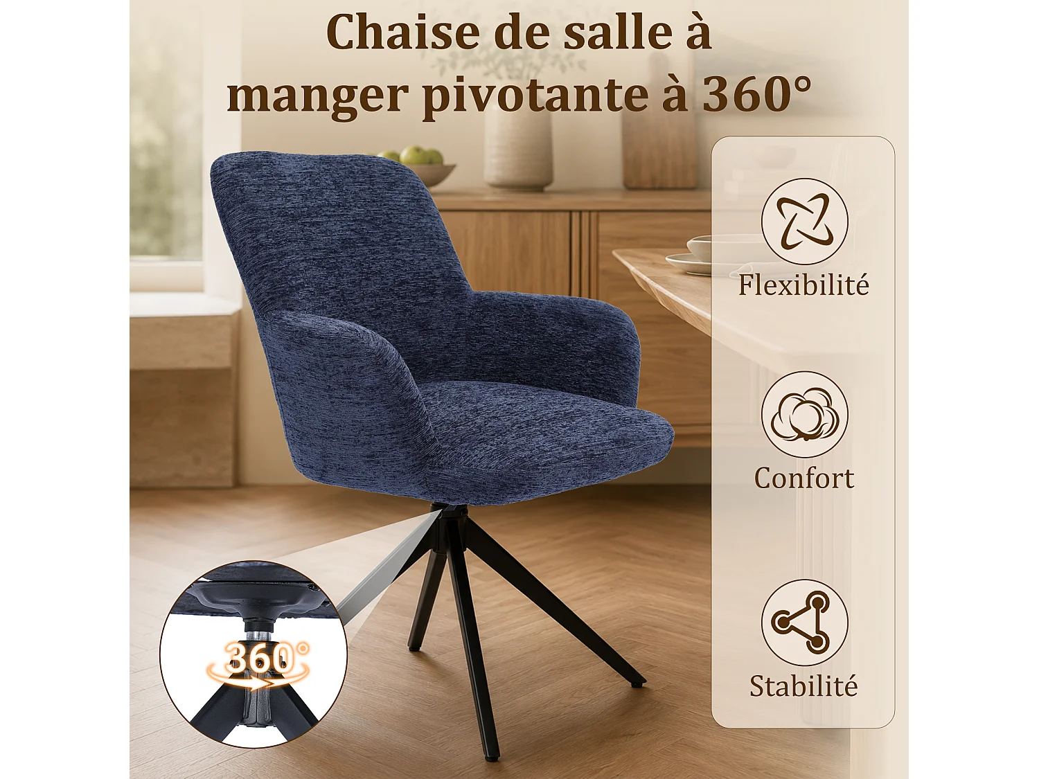 HOMEMIYN Chaise de salle à manger avec accoudoirs, Fauteuil de table pivotant 360°,  assise rembourrée en tissu, structure métal et bois, design moderne