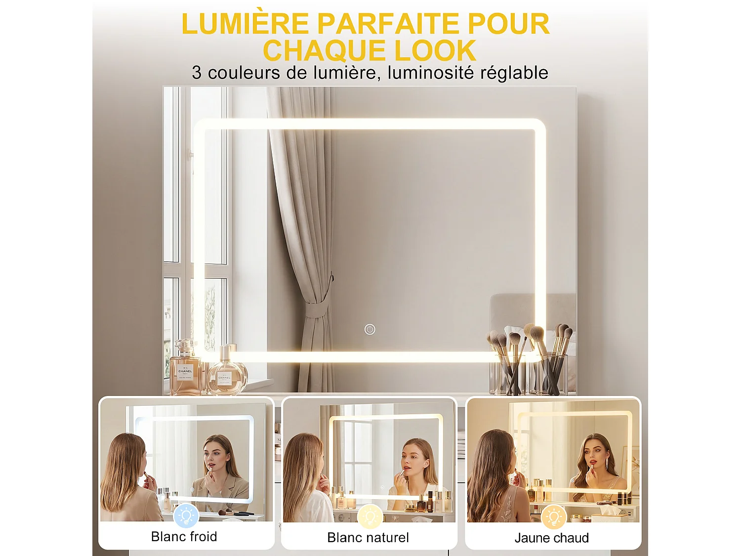 Coiffeuse Moderne avec Miroir LED – Table de Maquillage avec Rangement, Coiffeuse de Chambre, Espace Beauté avec Éclairage Réglable, Meuble Fonctionnel Gain de Plac