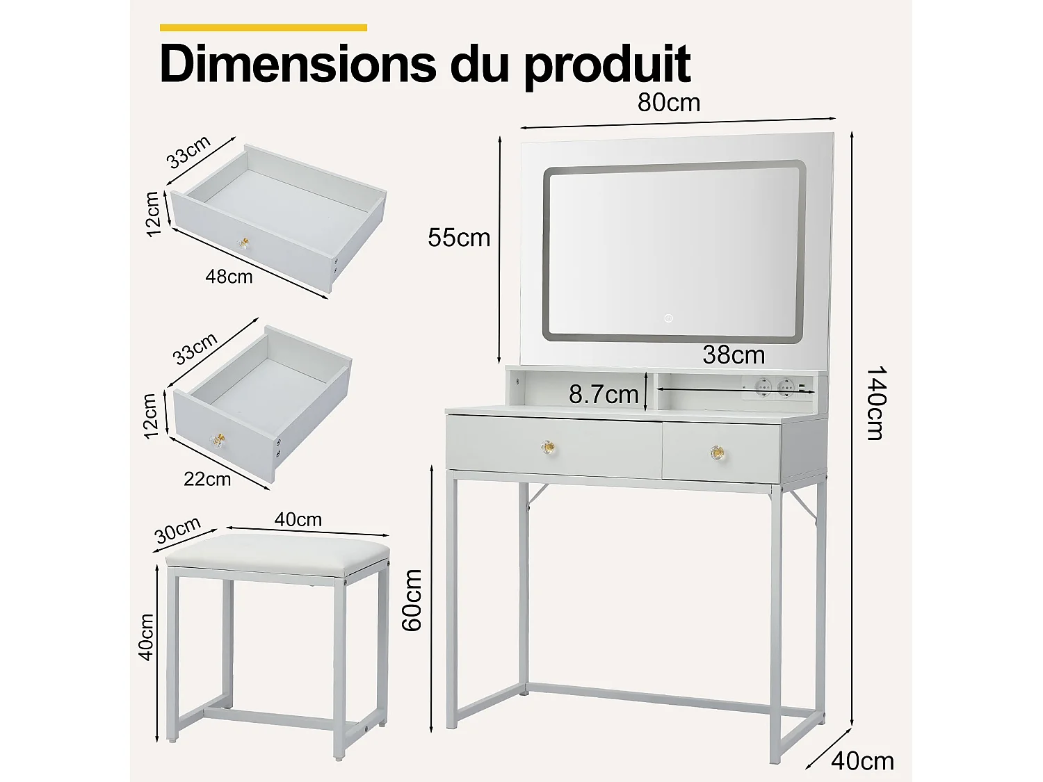 Coiffeuse Moderne avec Miroir LED – Table de Maquillage avec Rangement, Coiffeuse de Chambre, Espace Beauté avec Éclairage Réglable, Meuble Fonctionnel Gain de Plac