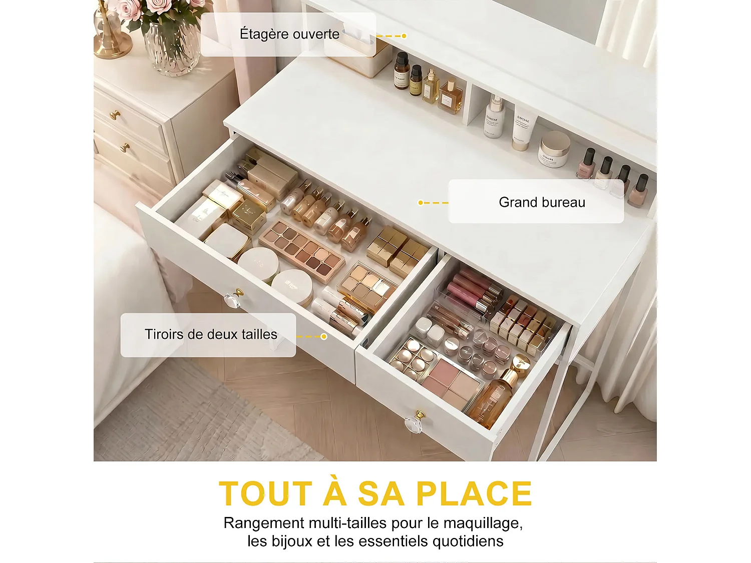 Coiffeuse Moderne avec Miroir LED – Table de Maquillage avec Rangement, Coiffeuse de Chambre, Espace Beauté avec Éclairage Réglable, Meuble Fonctionnel Gain de Plac