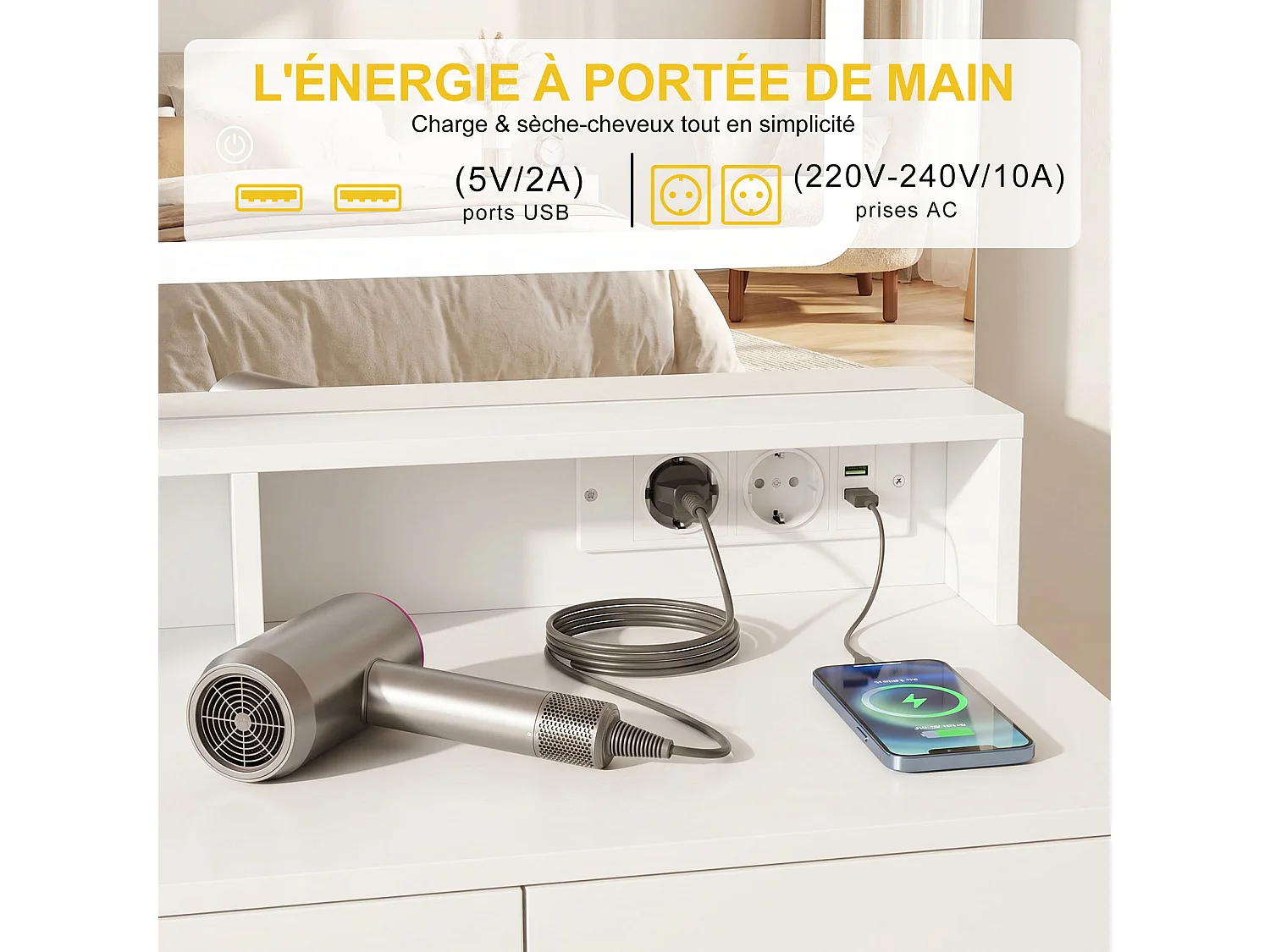 Coiffeuse Moderne avec Miroir LED – Table de Maquillage avec Rangement, Coiffeuse de Chambre, Espace Beauté avec Éclairage Réglable, Meuble Fonctionnel Gain de Plac