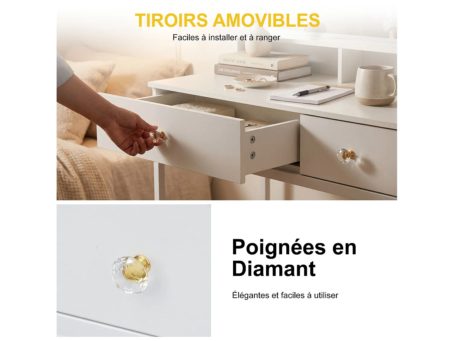 Coiffeuse Moderne avec Miroir LED – Table de Maquillage avec Rangement, Coiffeuse de Chambre, Espace Beauté avec Éclairage Réglable, Meuble Fonctionnel Gain de Plac