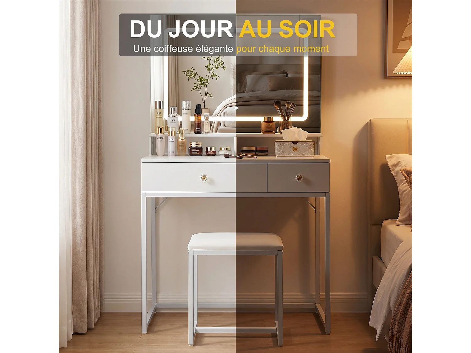 Coiffeuse Moderne avec Miroir LED – Table de Maquillage avec Rangement, Coiffeuse de Chambre, Espace Beauté avec Éclairage Réglable, Meuble Fonctionnel Gain de Plac