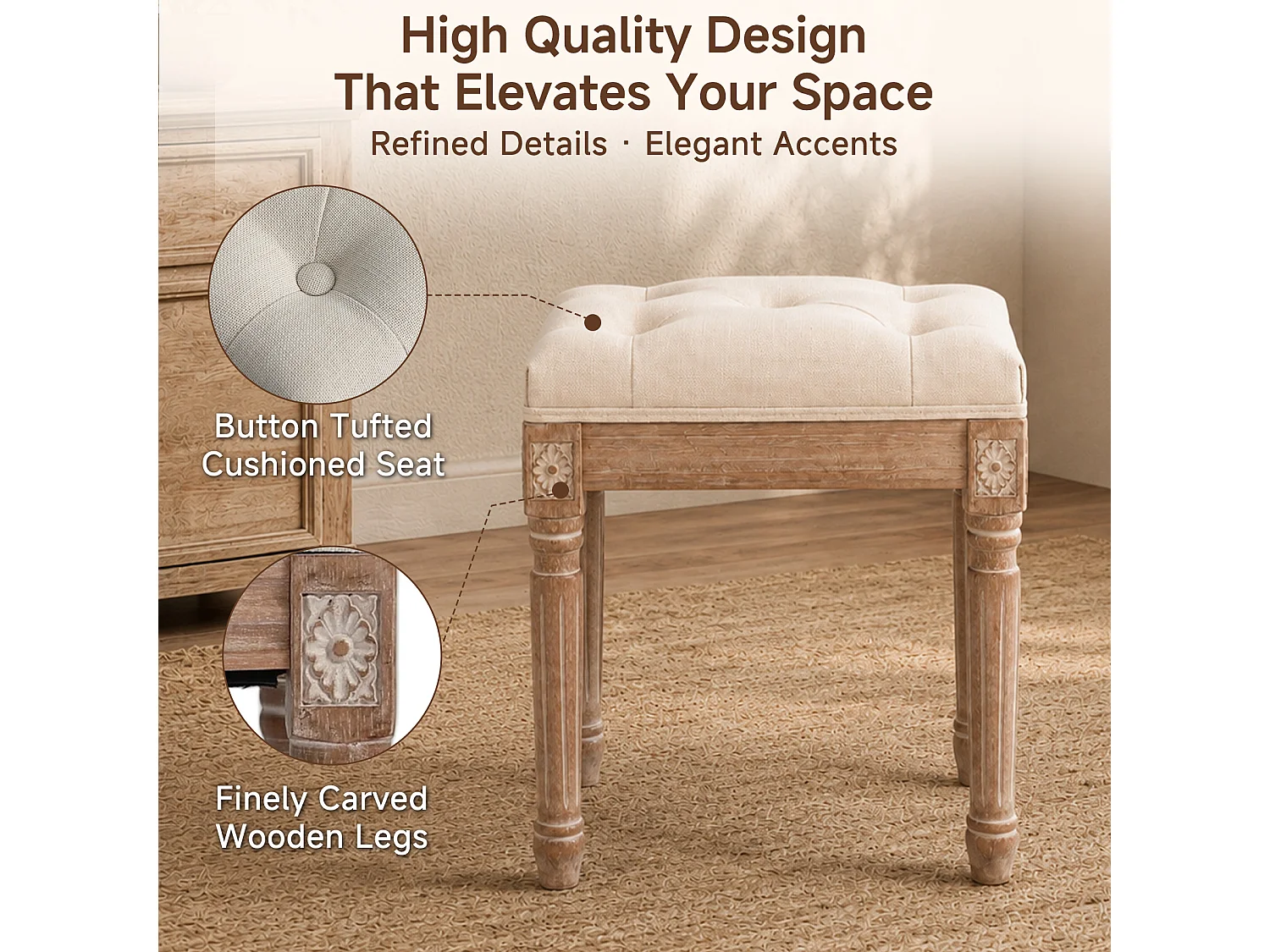 HOMEMIYN Banc d’appoint vintage en tissu, tabouret de coiffeuse rembourré avec pieds en bois massif sculptés, assise capitonnée confortable, pour chambre, entrée et