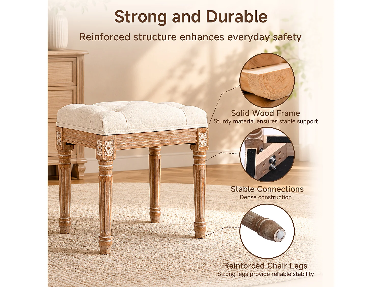 HOMEMIYN Banc d’appoint vintage en tissu, tabouret de coiffeuse rembourré avec pieds en bois massif sculptés, assise capitonnée confortable, pour chambre, entrée et