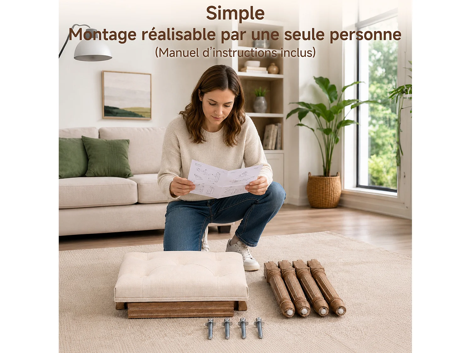 HOMEMIYN Banc d’appoint vintage en tissu, tabouret de coiffeuse rembourré avec pieds en bois massif sculptés, assise capitonnée confortable, pour chambre, entrée et
