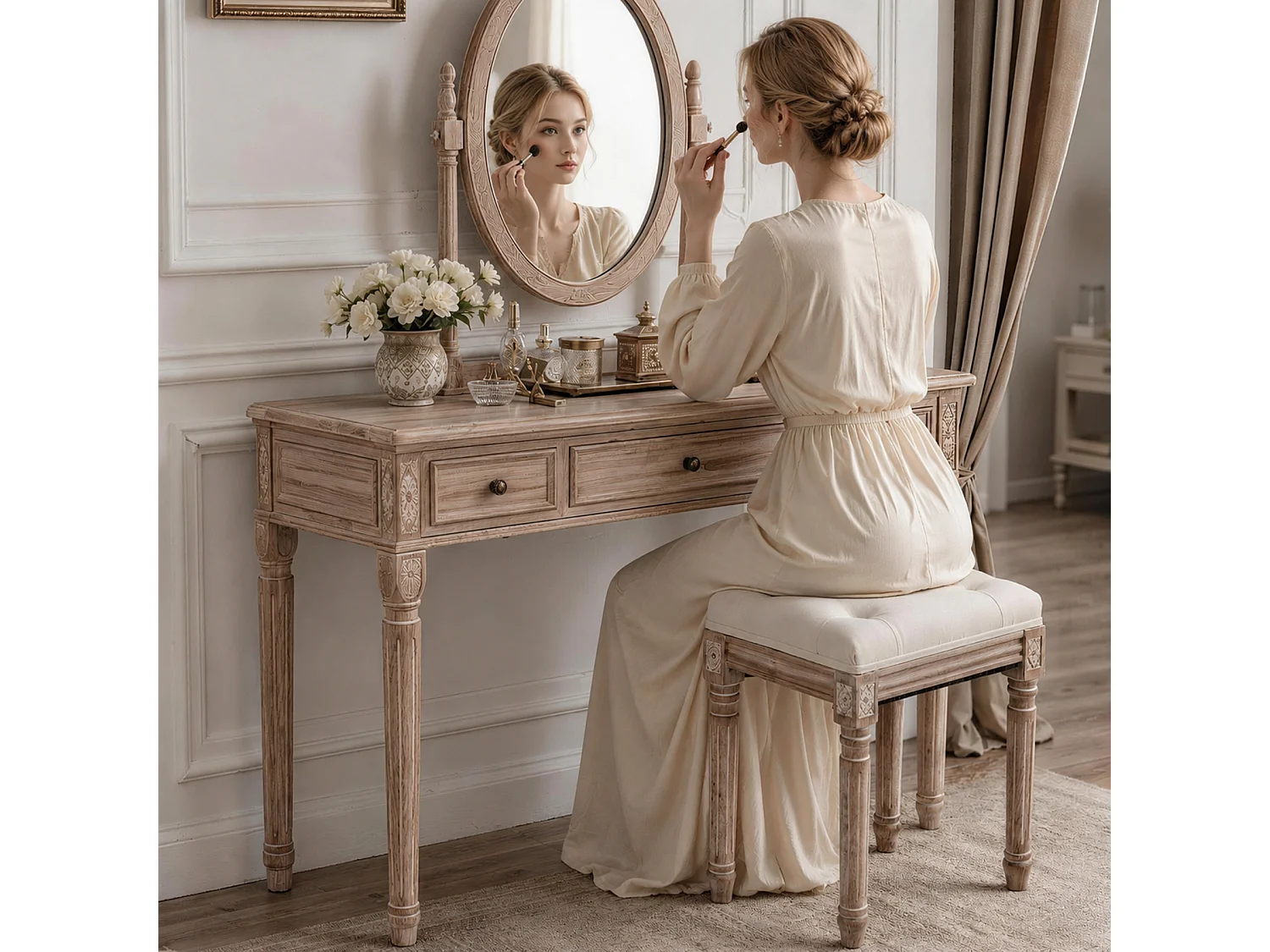 HOMEMIYN Banc d’appoint vintage en tissu, tabouret de coiffeuse rembourré avec pieds en bois massif sculptés, assise capitonnée confortable, pour chambre, entrée et