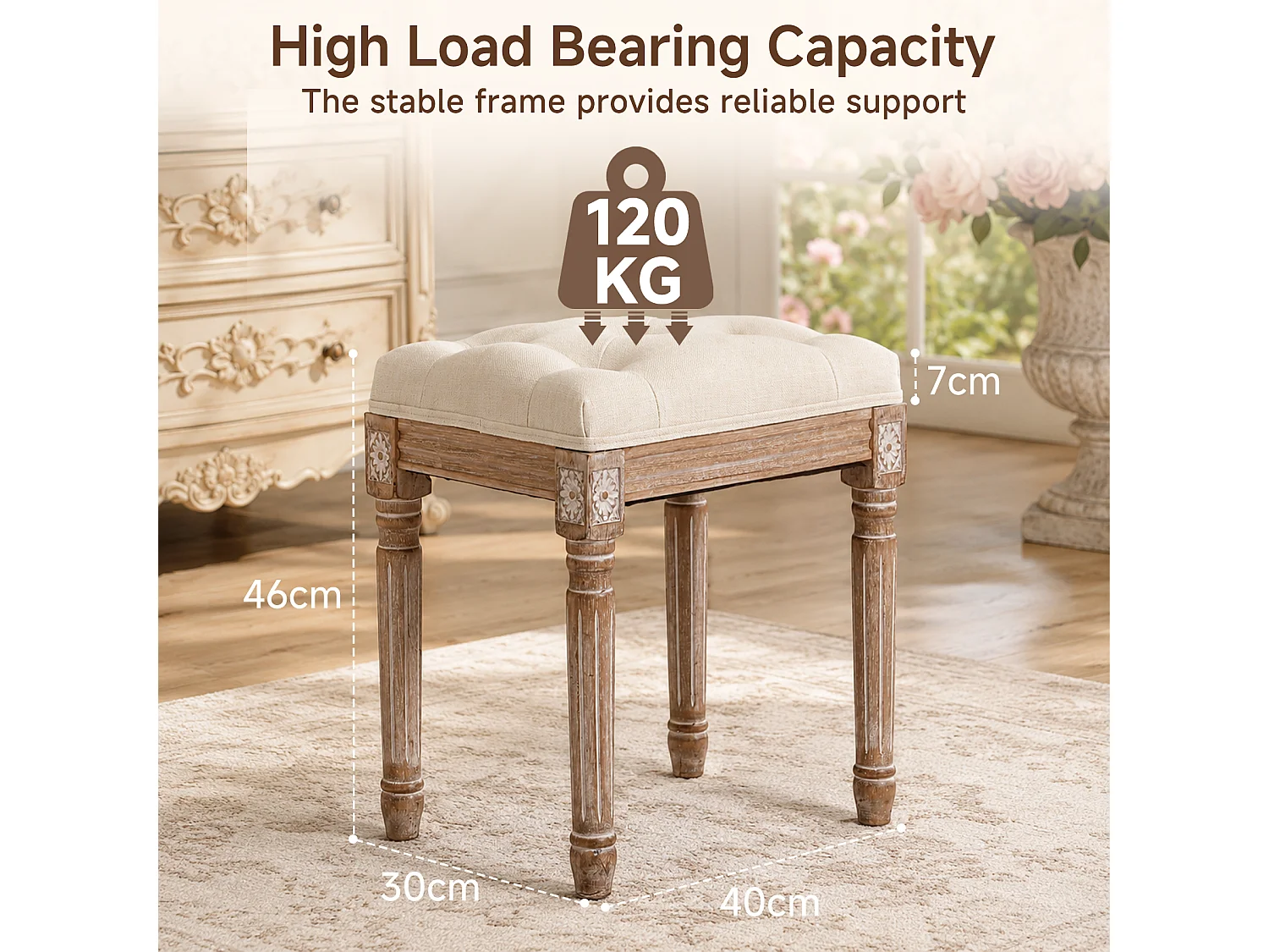 HOMEMIYN Banc d’appoint vintage en tissu, tabouret de coiffeuse rembourré avec pieds en bois massif sculptés, assise capitonnée confortable, pour chambre, entrée et