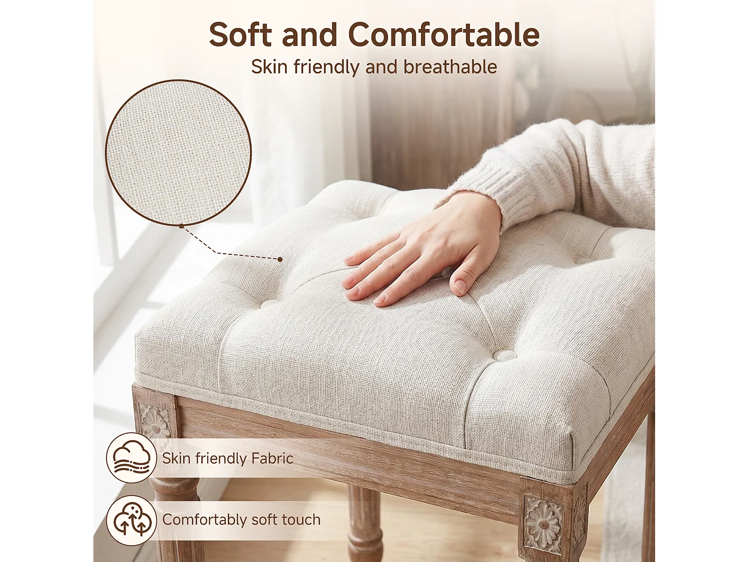 HOMEMIYN Banc d’appoint vintage en tissu, tabouret de coiffeuse rembourré avec pieds en bois massif sculptés, assise capitonnée confortable, pour chambre, entrée et