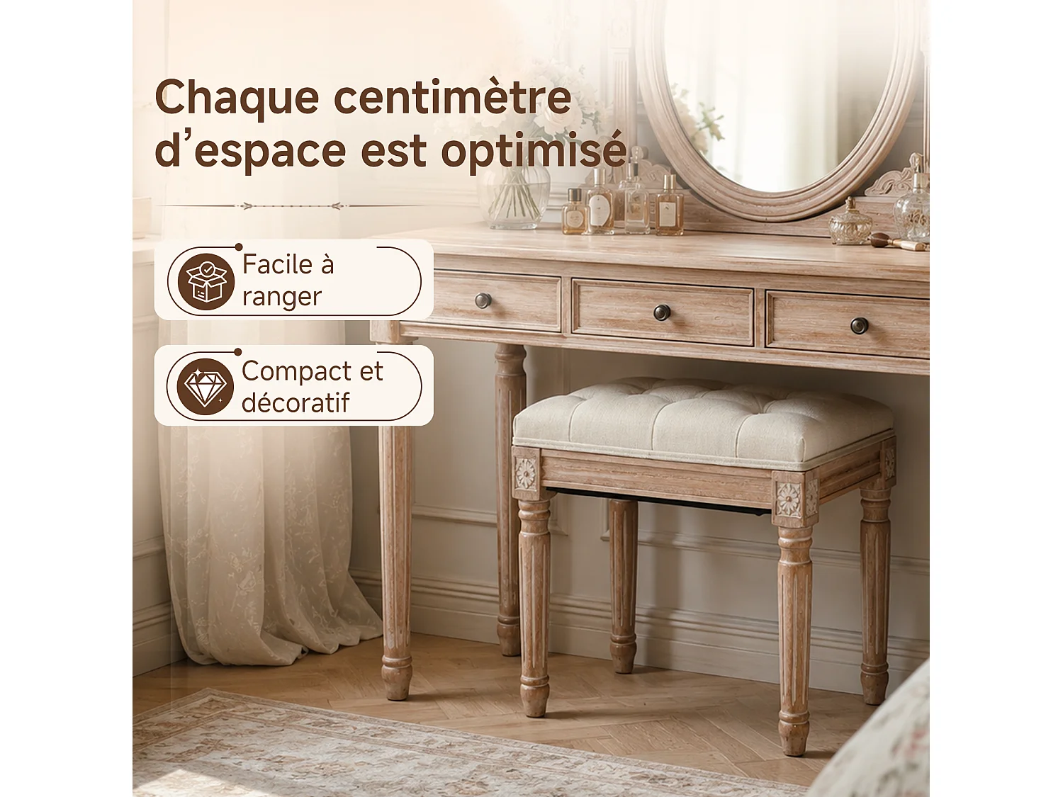 HOMEMIYN Banc d’appoint vintage en tissu, tabouret de coiffeuse rembourré avec pieds en bois massif sculptés, assise capitonnée confortable, pour chambre, entrée et