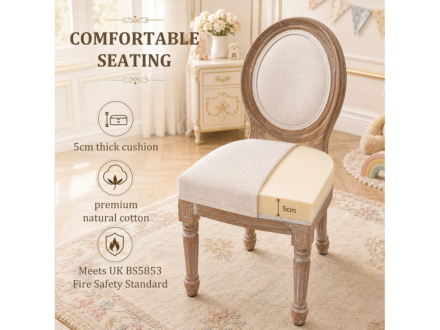 HOMEMIYN Lot de 2 chaises enfant style Louis avec assise rembourrée, dossier médaillon en tissu effet lin, structure en bois massif, fauteuil enfant vintage pour ch