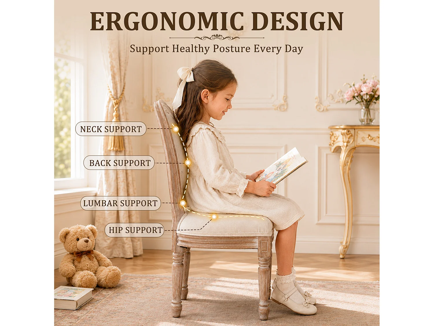 HOMEMIYN Lot de 2 chaises enfant style Louis avec assise rembourrée, dossier médaillon en tissu effet lin, structure en bois massif, fauteuil enfant vintage pour ch