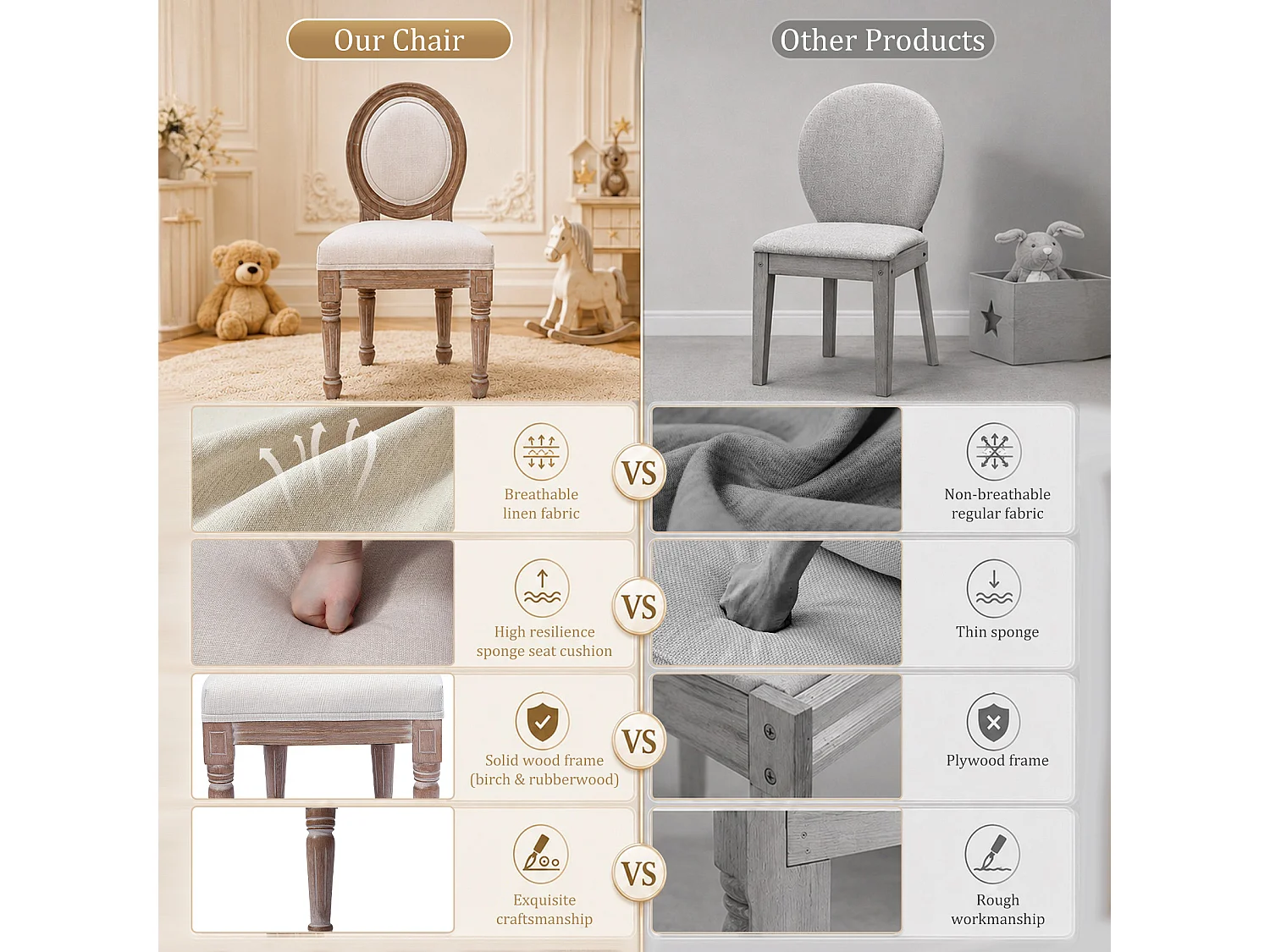 HOMEMIYN Lot de 2 chaises enfant style Louis avec assise rembourrée, dossier médaillon en tissu effet lin, structure en bois massif, fauteuil enfant vintage pour ch