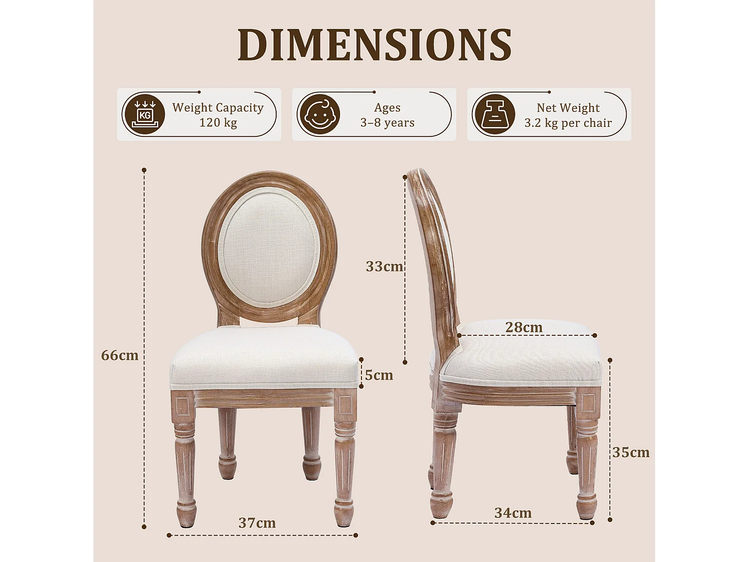 HOMEMIYN Lot de 2 chaises enfant style Louis avec assise rembourrée, dossier médaillon en tissu effet lin, structure en bois massif, fauteuil enfant vintage pour ch