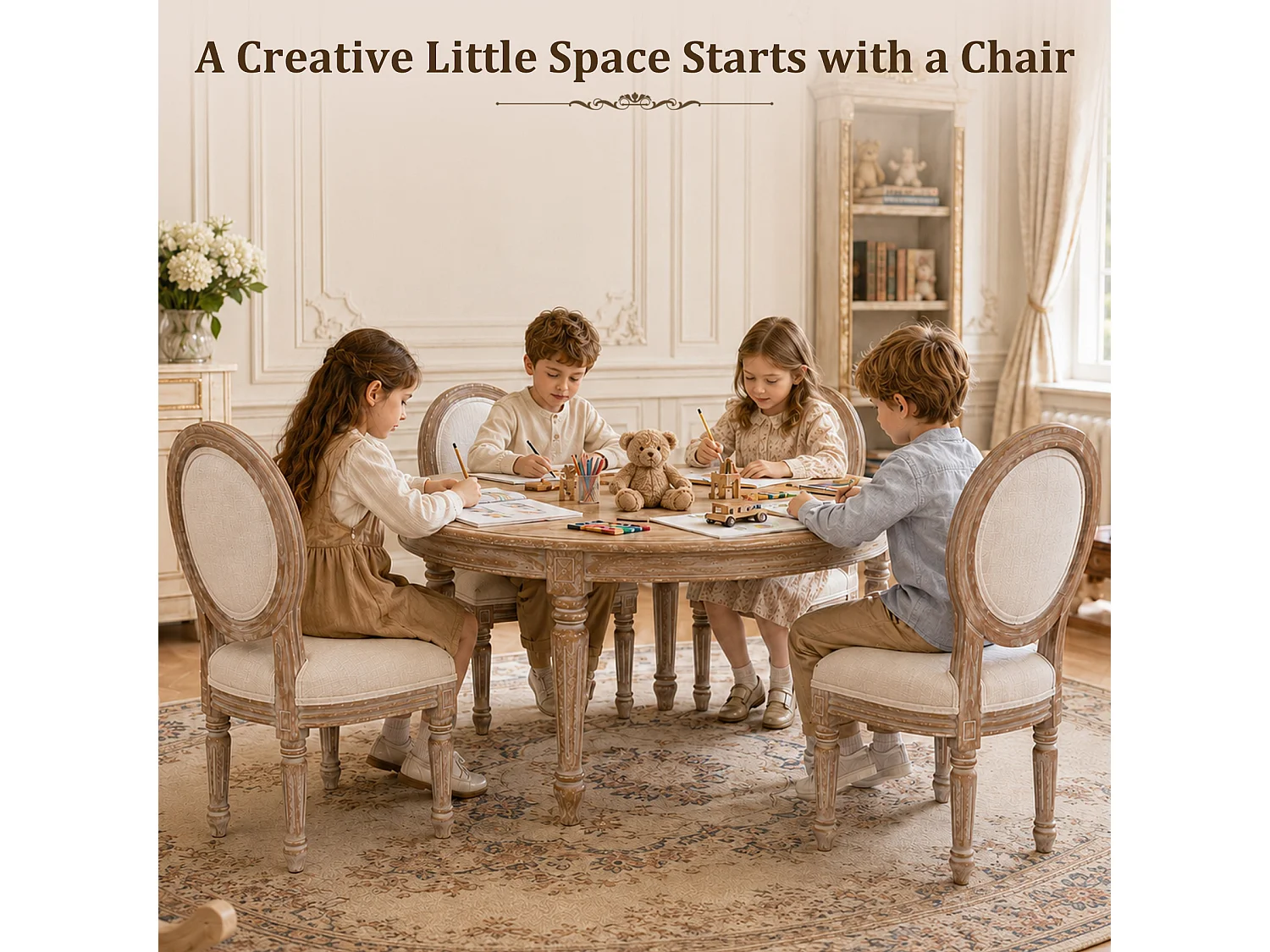 HOMEMIYN Lot de 2 chaises enfant style Louis avec assise rembourrée, dossier médaillon en tissu effet lin, structure en bois massif, fauteuil enfant vintage pour ch