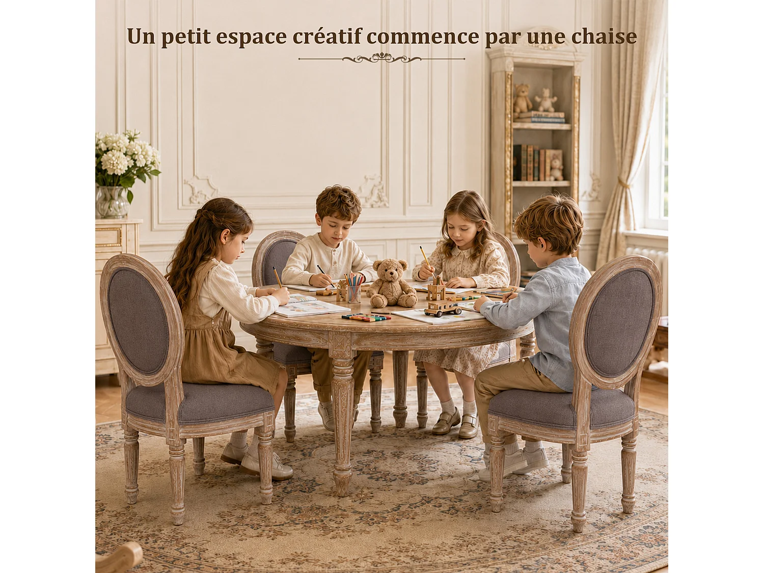HOMEMIYN Lot de 2 chaises enfant style Louis avec assise rembourrée, dossier médaillon en tissu effet lin, structure en bois massif, fauteuil enfant vintage pour ch