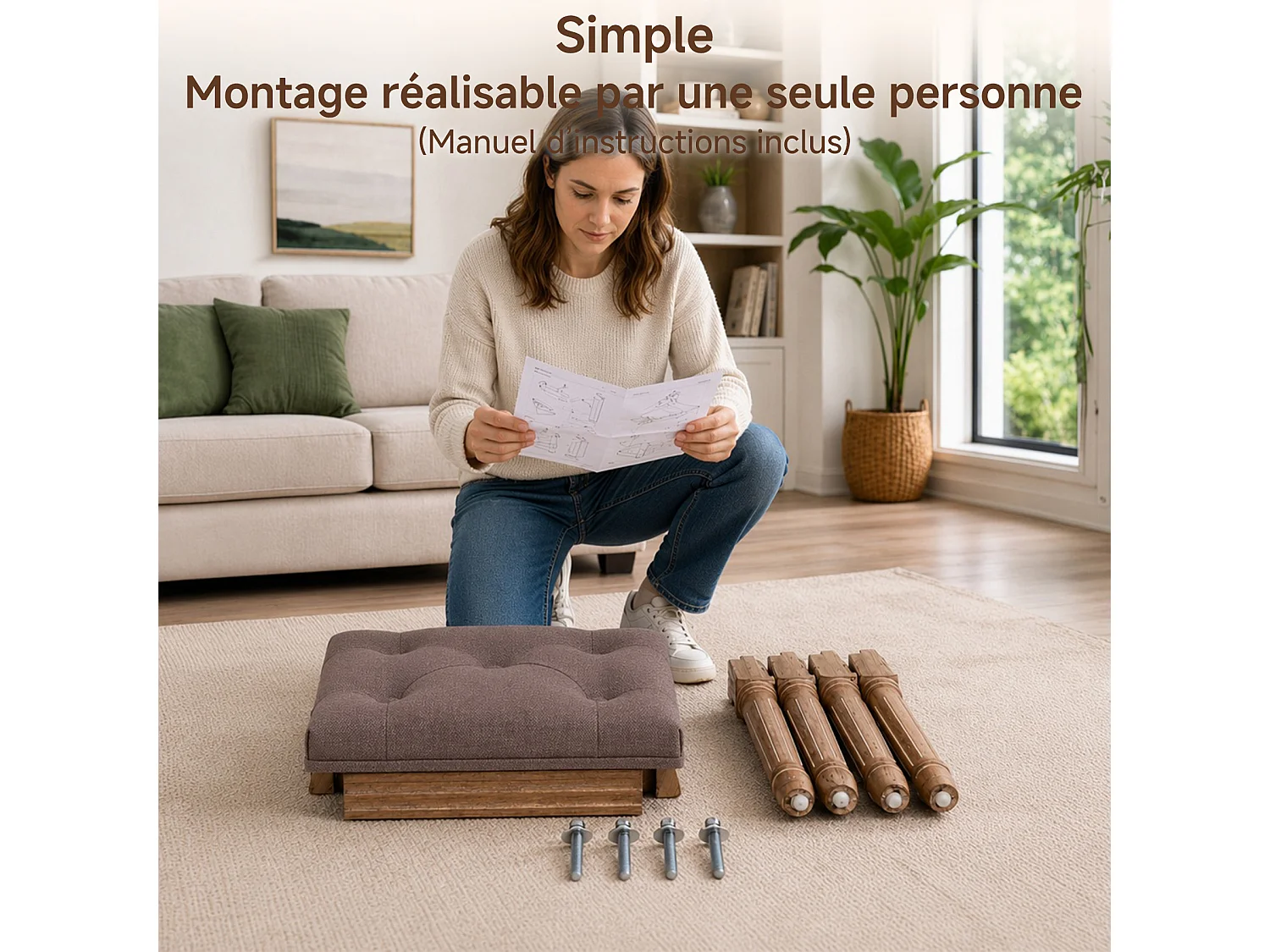 HOMEMIYN Banc d’appoint vintage en tissu, tabouret de coiffeuse rembourré avec pieds en bois massif sculptés, assise capitonnée confortable, pour chambre, entrée et