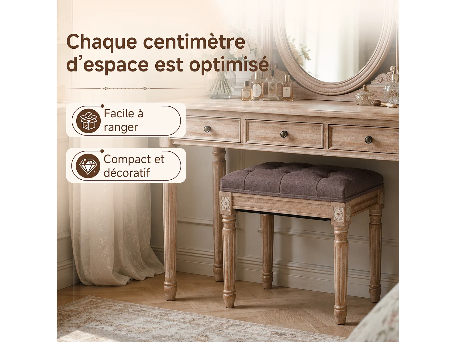HOMEMIYN Banc d’appoint vintage en tissu, tabouret de coiffeuse rembourré avec pieds en bois massif sculptés, assise capitonnée confortable, pour chambre, entrée et