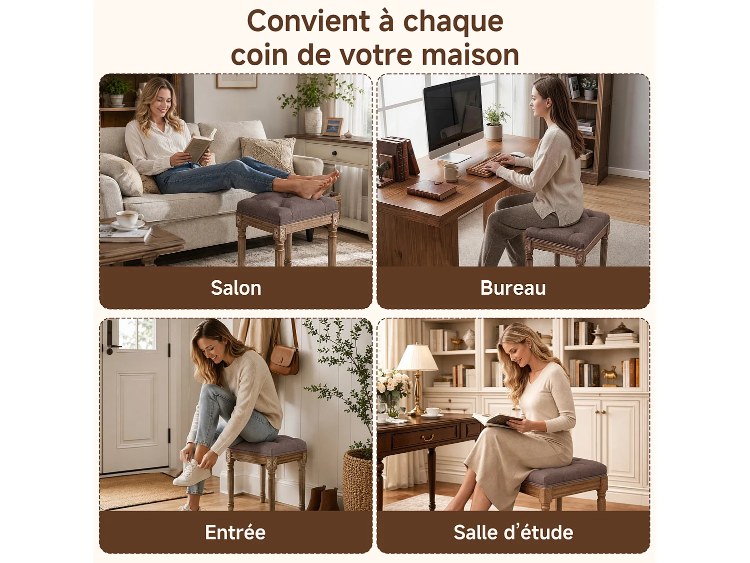 HOMEMIYN Banc d’appoint vintage en tissu, tabouret de coiffeuse rembourré avec pieds en bois massif sculptés, assise capitonnée confortable, pour chambre, entrée et