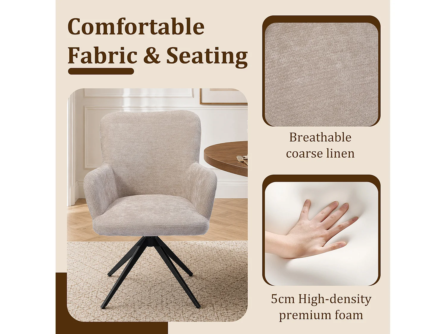 HOMEMIYN Chaise de salle à manger avec accoudoirs, Fauteuil de table pivotant 360°,  assise rembourrée en tissu, structure métal et bois, design moderne