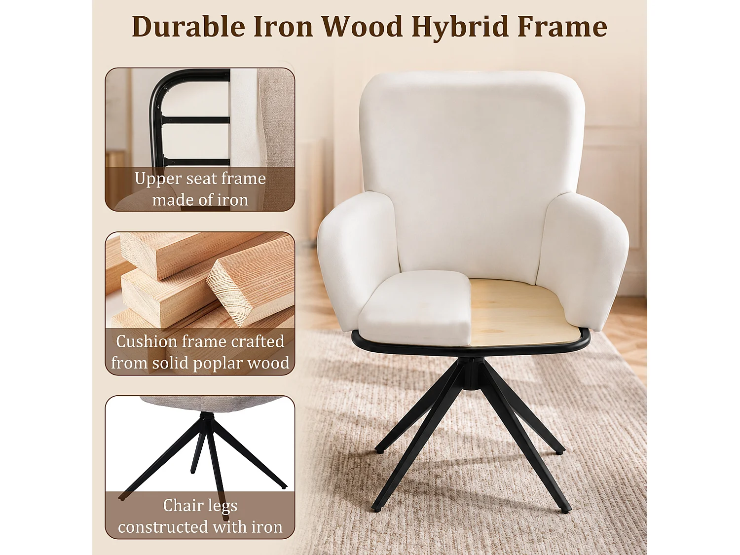 HOMEMIYN Chaise de salle à manger avec accoudoirs, Fauteuil de table pivotant 360°,  assise rembourrée en tissu, structure métal et bois, design moderne
