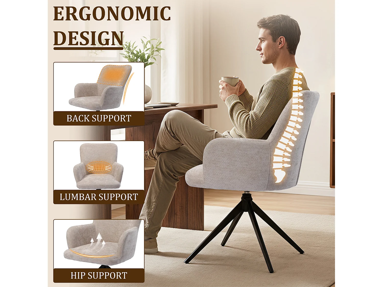 HOMEMIYN Chaise de salle à manger avec accoudoirs, Fauteuil de table pivotant 360°,  assise rembourrée en tissu, structure métal et bois, design moderne
