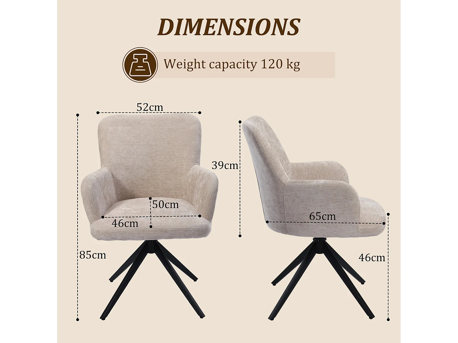 HOMEMIYN Chaise de salle à manger avec accoudoirs, Fauteuil de table pivotant 360°,  assise rembourrée en tissu, structure métal et bois, design moderne