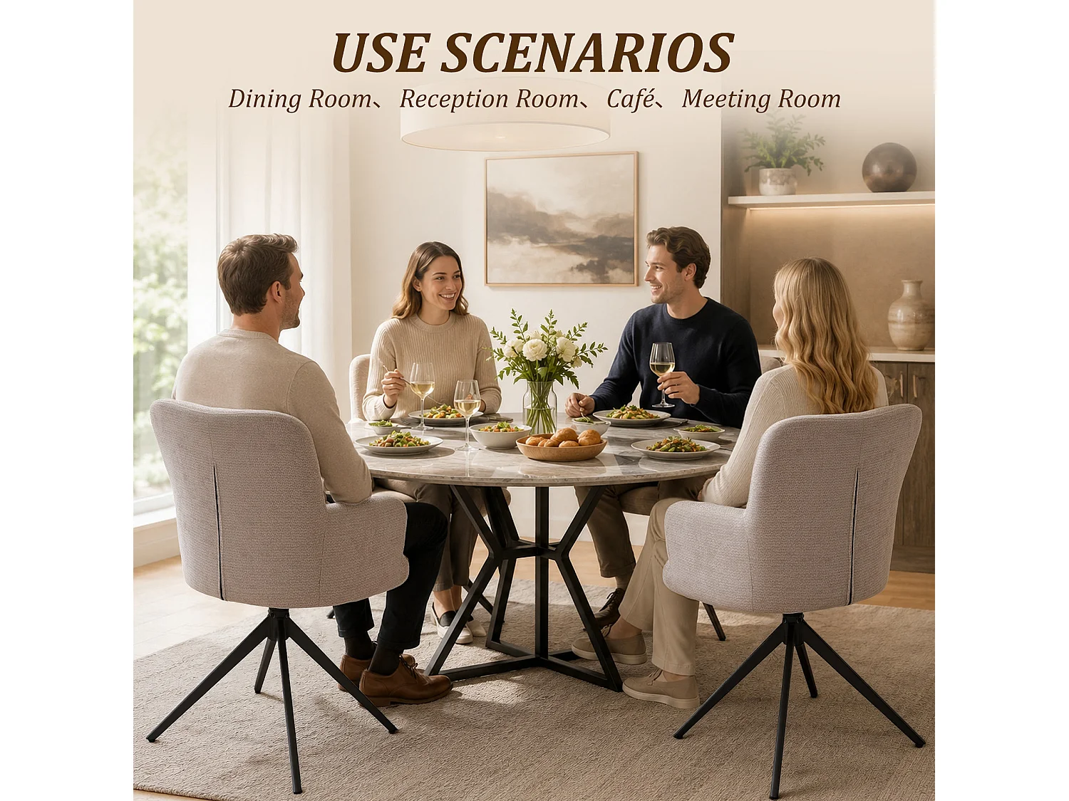 HOMEMIYN Chaise de salle à manger avec accoudoirs, Fauteuil de table pivotant 360°,  assise rembourrée en tissu, structure métal et bois, design moderne